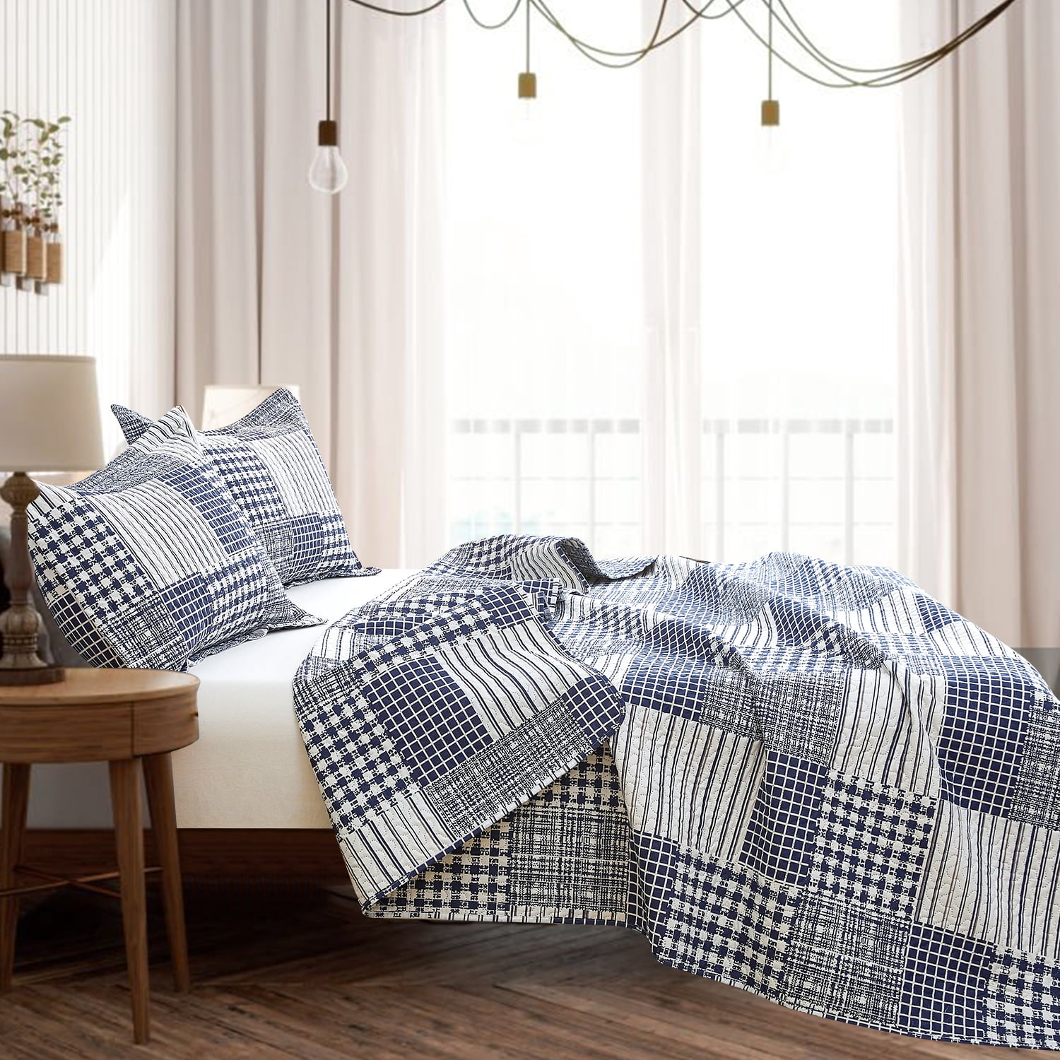 Kebury Plaid Bedding Quilt Set Twin Size Microfiber Ultra Soft Bedspread Ligthtweight Navy Blue Checked Quilt Coverlet Collection for Bedroom (1 Quilt, 2 Pillow Shams)