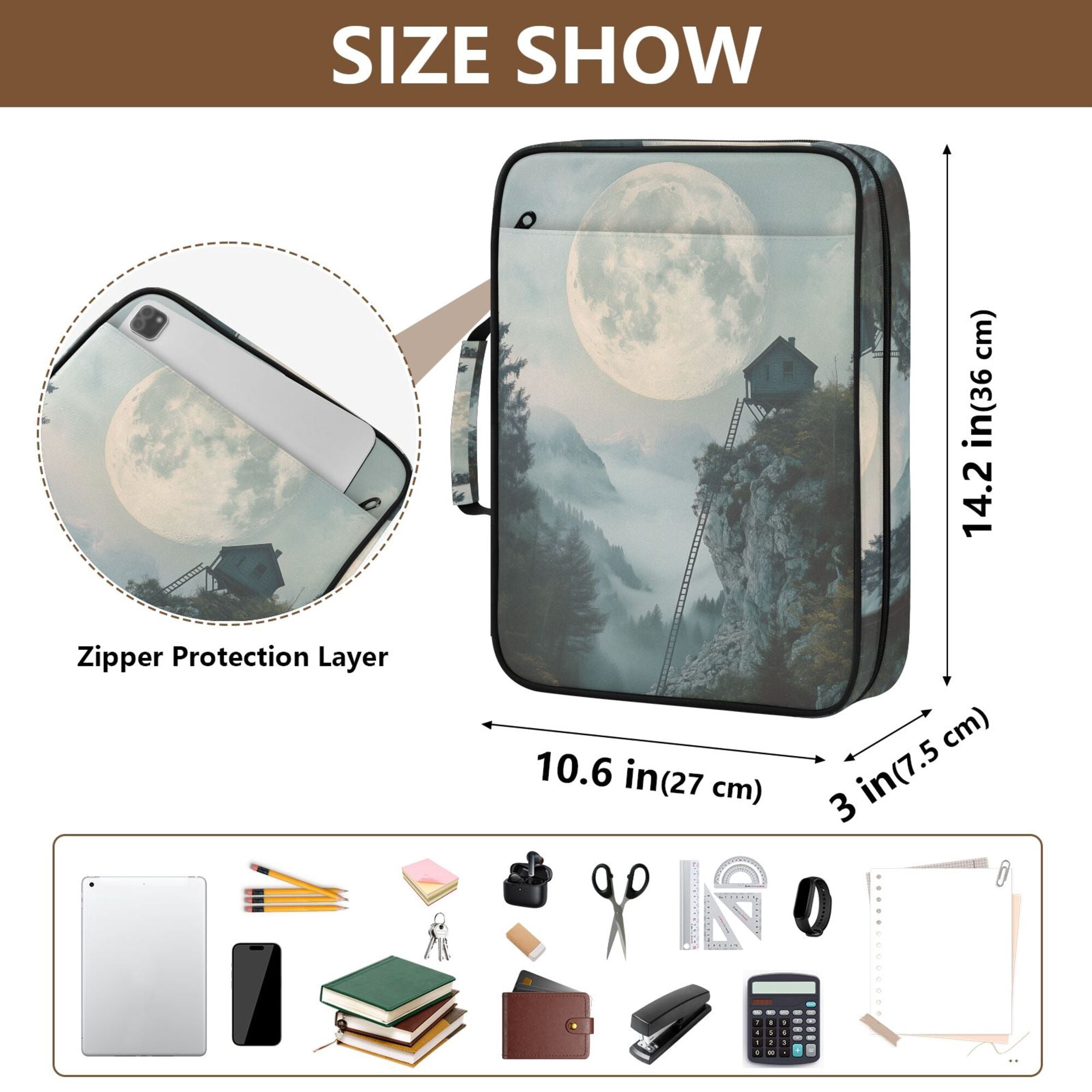 FORMRS Accordion File Folder A4 Size 7-Pocket Expanding Document Organizer Bag with 3 Ring Binder, Moon and House