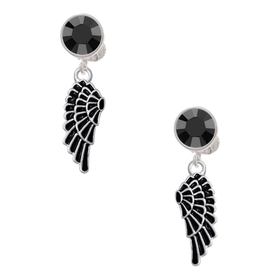 Delight Jewelry Silvertone Medium Black Enamel Angel Wing Black Crystal Clip on Earrings