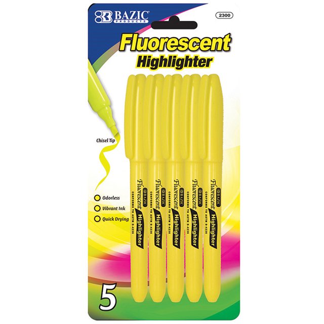 Bangkit 2300-24 BAZIC Yellow Pen Style Fluorescent Highlighter w/ Pocket Clip (5/Pk)