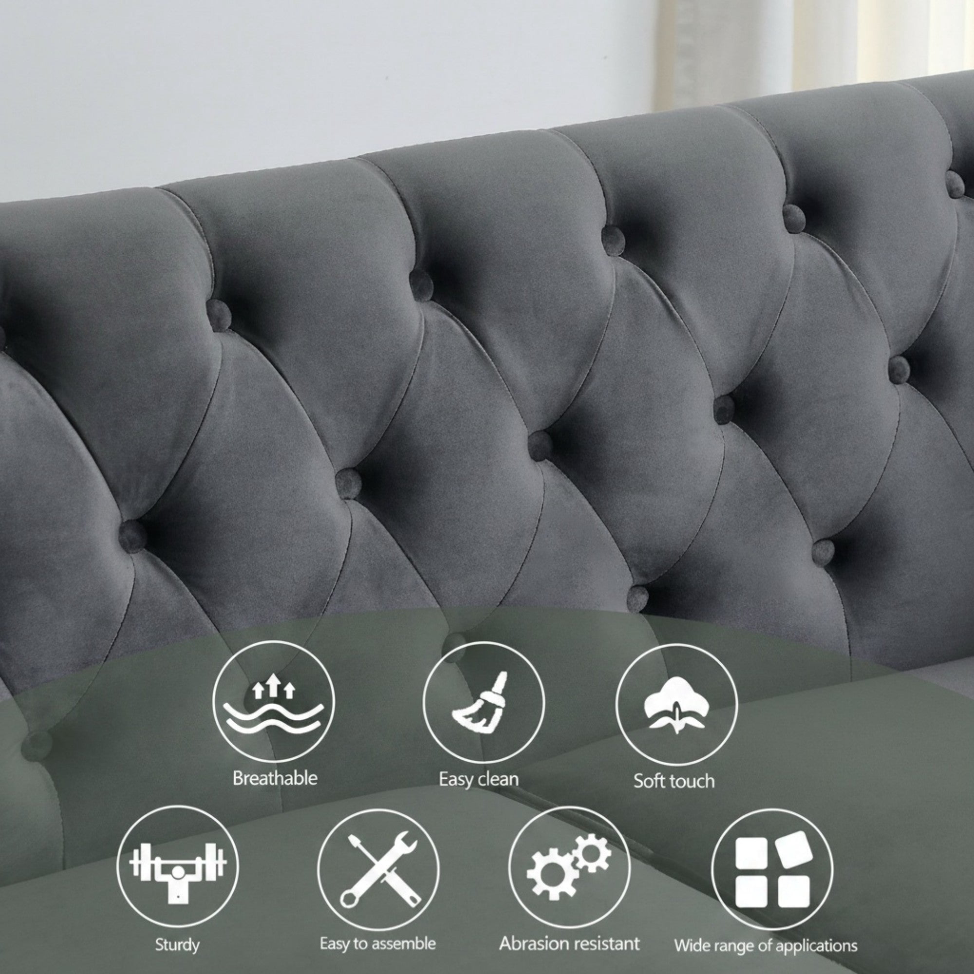 Sailvan 77" Modern Chesterfield Velvet Sofa, 3-Seater Tufted Upholstered Couch with Nailhead Trim & 2 Pillows for Living Room, Office Grey
