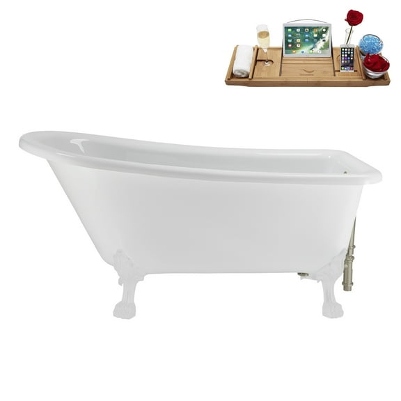 58" Streamline N4860WH-BNK Soaking Clawfoot Tub and Tray With External Drain in Brushed Nickel and Glossy White Clawfeet