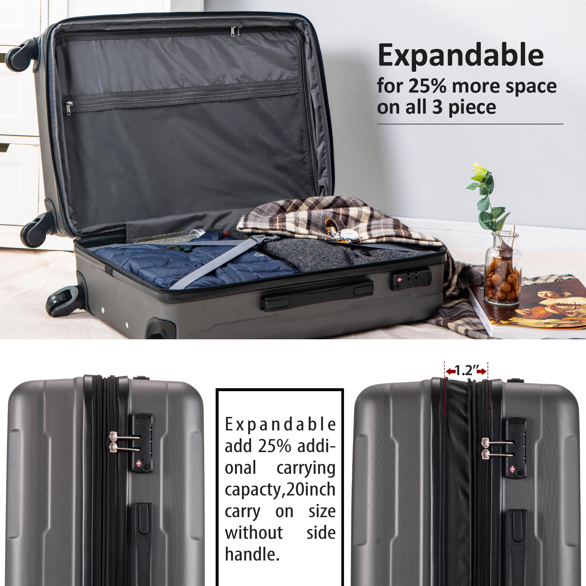 3-in-1 Portable Suitcase Sets with 4-Wheel, Lightweight Hardside Expandable Luggage with TSA Lock, Heavyweight Carry on Suitcase Set: 20"/ 24''/ 28", Large Capacity Storage for Traveling, Black, S6654 - image 2 of 8