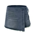 thumbnail image 4 of yueewhu Womens Denim Shorts Skorts Y2k Side Tie-up Bow High Waist Asymmetrical Frayed Hem Denim Shorts Wrap Jean Mini Skirt (Blue, XL), 4 of 5