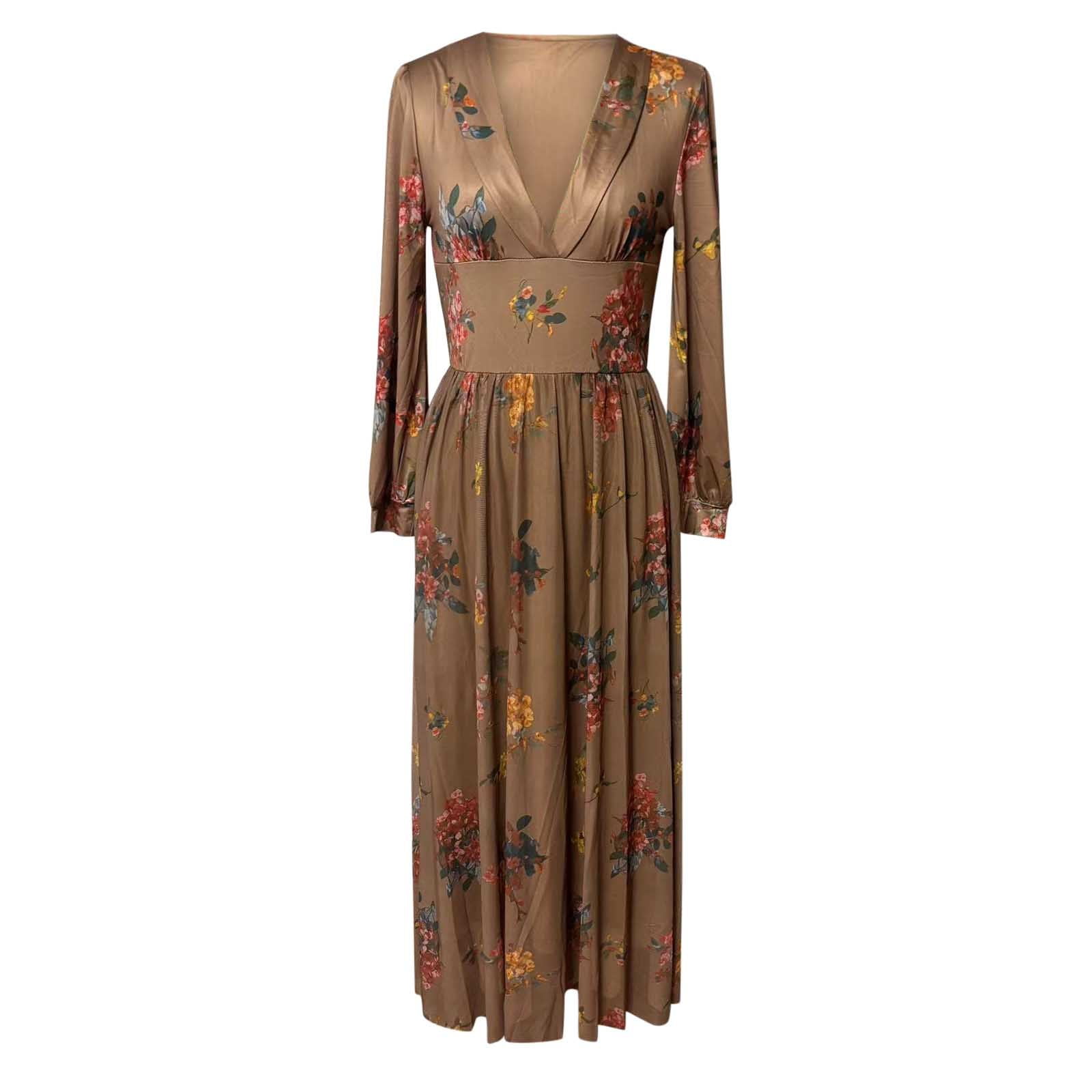XIAOCHA Womens Flowy Floral Maxi Dress Deep V Neck Bishop Sleeve With Belted Waist Bohemian Inspired Wedding Guest Vacation Dress