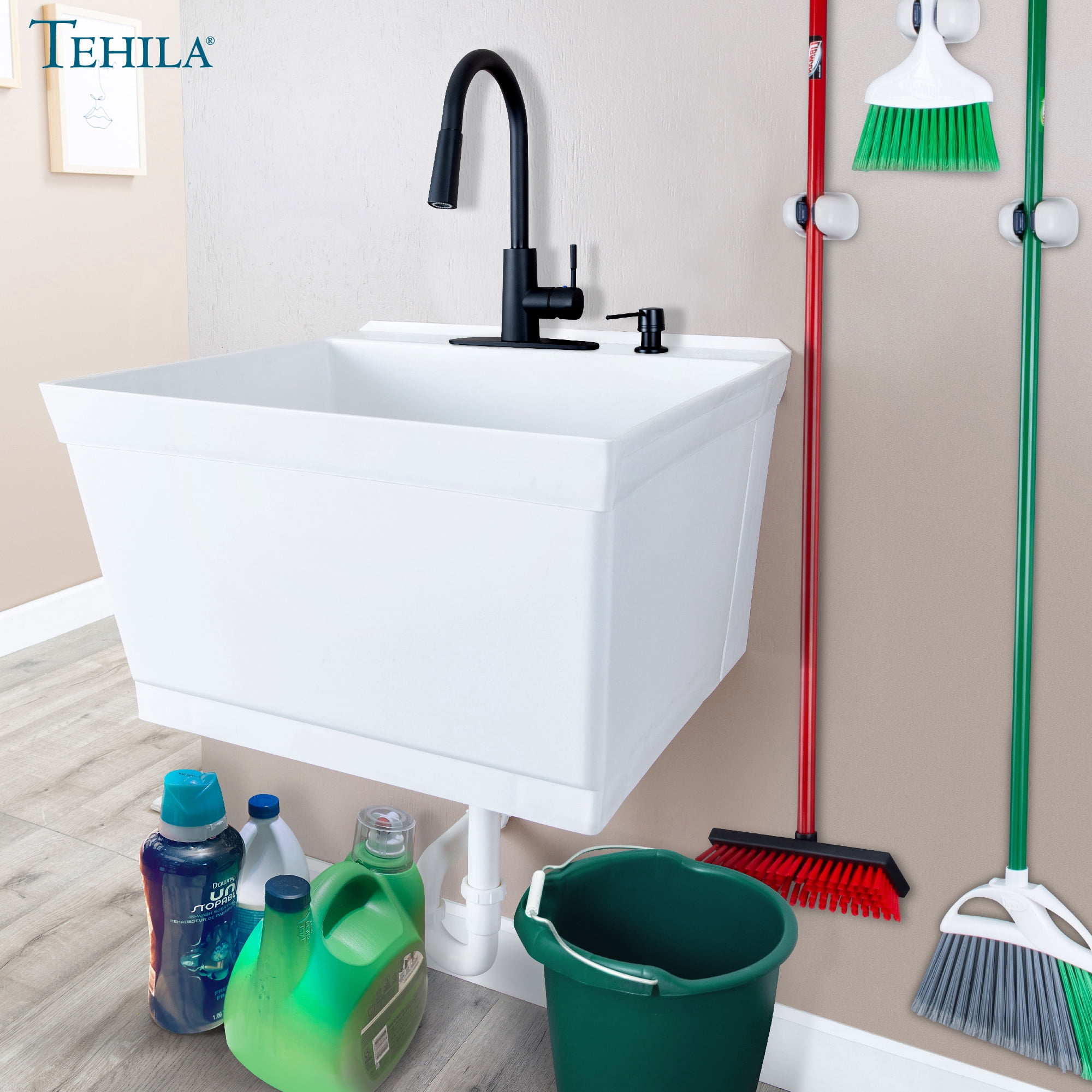 Tehila Floating Thermoplastic Utility Sink with Matte Black Pull-Down Faucet for Laundry Room