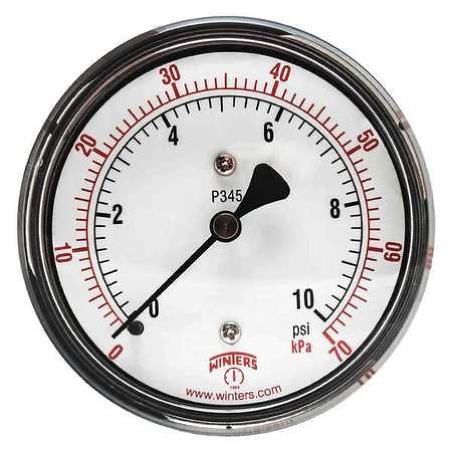 WINTERS PLP345 Low Pressure Gauge, Back,0 to 10 psi