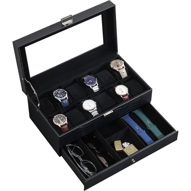 ProCase Caja para Reloj de 12 Ranuras, Estuche Organizador de Relojes de 2 Pisos con Tapa Vidrio Anti-polvo Almacenaje Guardarrelojes para Hombres y Mujeres (NegroRayado)