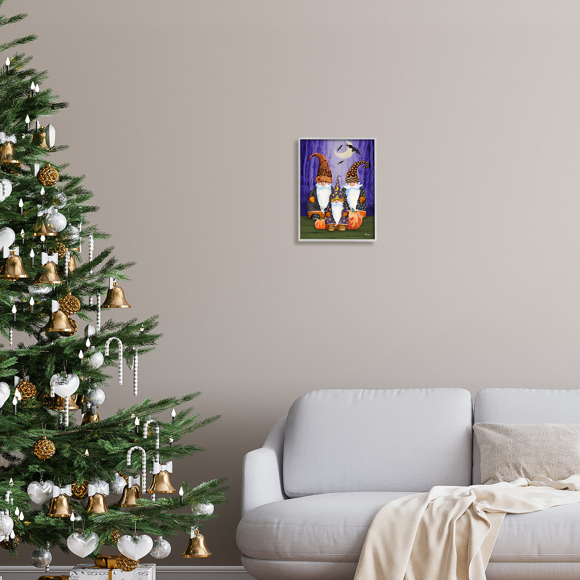 Stupell Industries Three Halloween Gnomes Holiday Painting Gray Framed Art Print Wall Art, 11 x 14