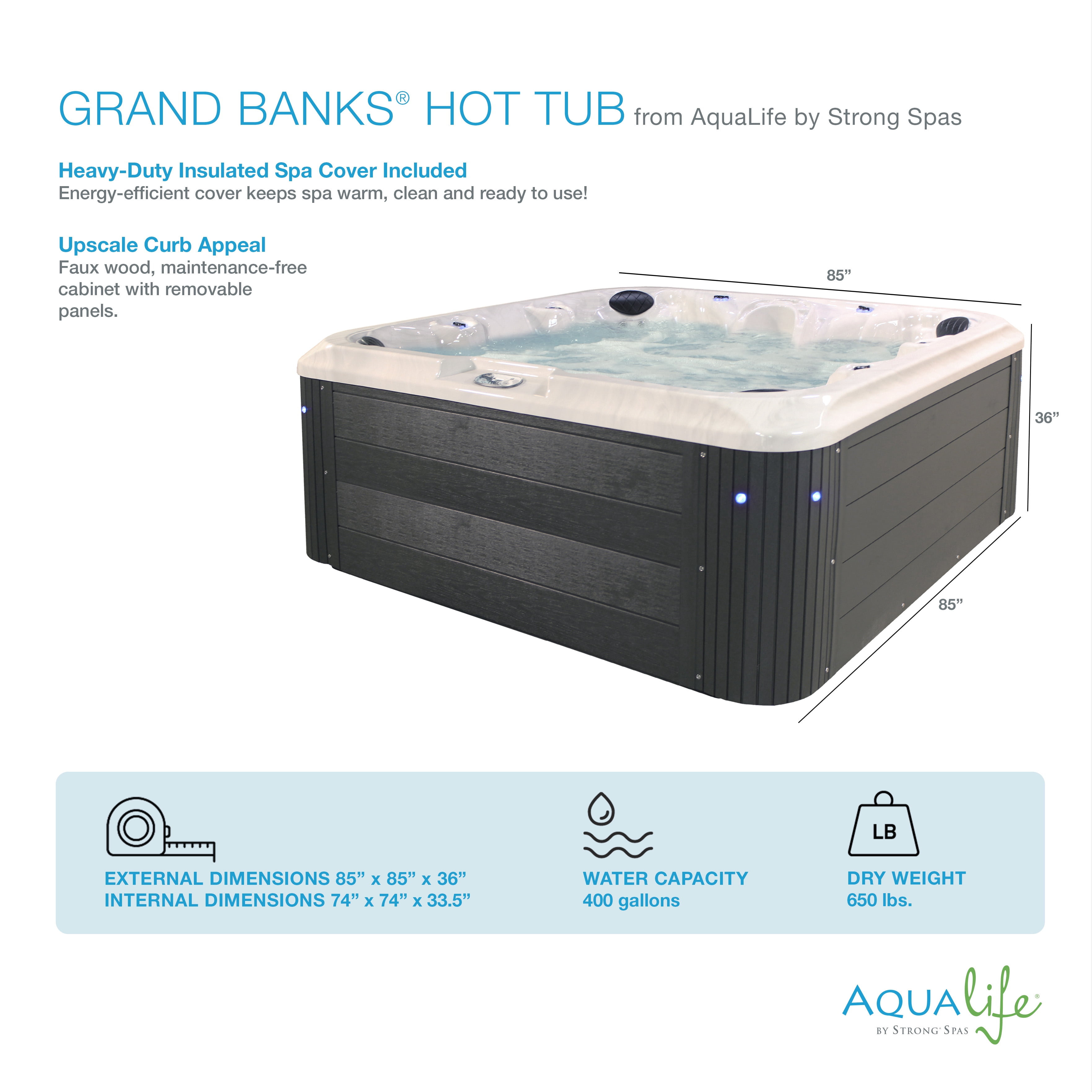 Aqualife by Strong Spas Grand Banks 6 Person Acrylic Lounger Spa, 81 Jets, Non-Lounger, Gray