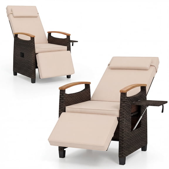 Gymax Set of 2 Patio Wicker Recliner Chair Rattan Lounge Chair w/ Adjustable Backrest&Footrest Mix Brown