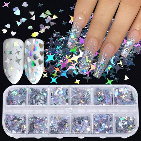 Sliver Nail Art Glitter 3D Holographic Sparky Nail Sequins Mixed Size ...