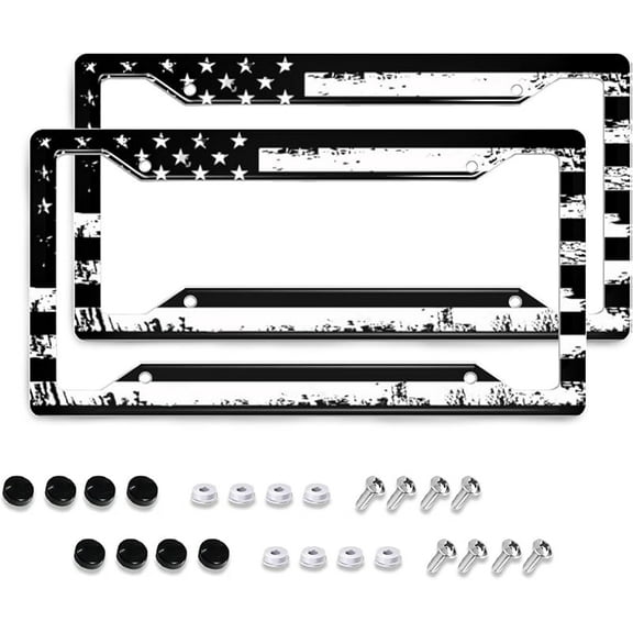 American Flag License Plate Frames- Retro Patriotic USA Black White Stars and Stripes Flag Aluminum Holder Cover with Stainless Steel Screws Caps, 2 Pack for Front and Rear Car Tags