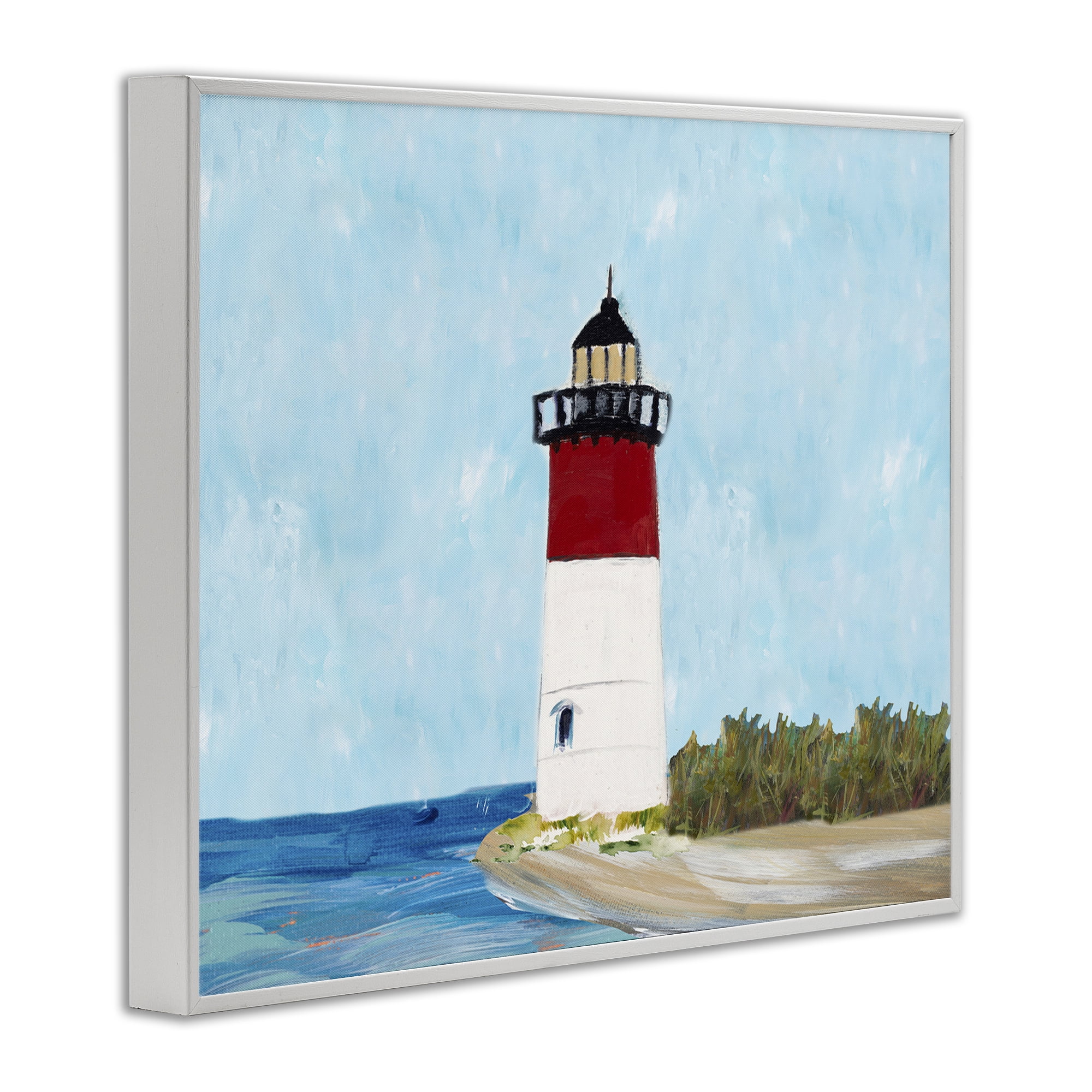 Stupell Industries Coastal Lighthouse on Blue Coastal Painting White Framed Art Print Wall Art, 30 x 24