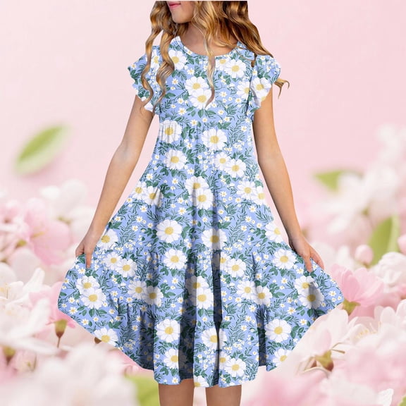 Xdegoge Kids Girls Daisy Floral Dress Midi Tiered A Line Crewneck Ruffle Short Sleeve Tween Summer Sundress Flowy Flattering Lightweight Casual Vacation Beach Party Wear for Teen
