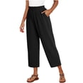thumbnail image 4 of Lenpel Womens Wide Leg Capri Pants Cotton Linen High Waist Lounge Cropped Trousers with Pockets Trendy Pleated Baggy Capris, 4 of 5