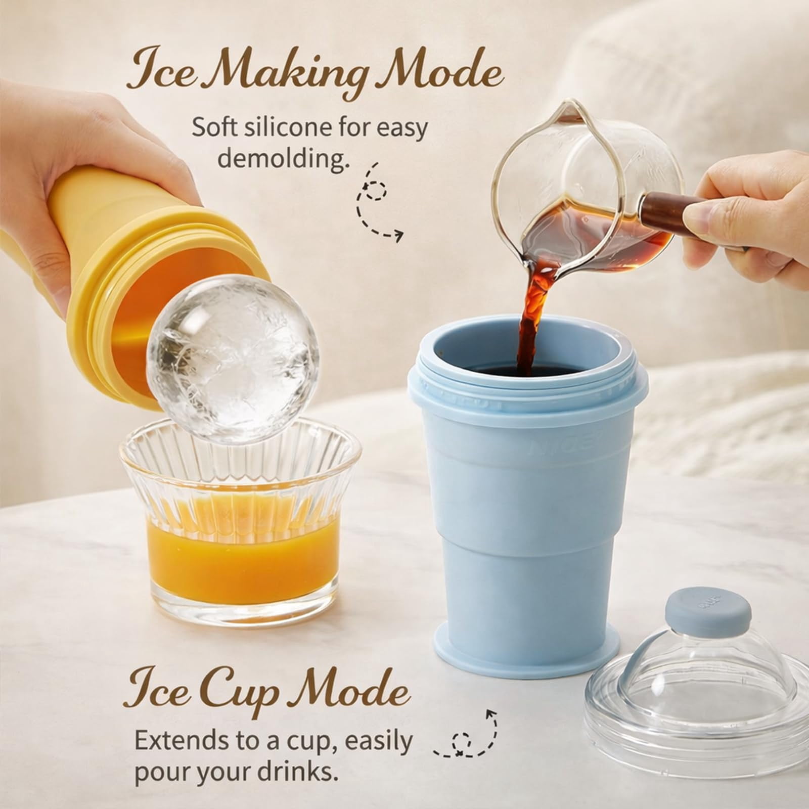 KANOHENO 2-in-1 Collapsible Silicone Ice Ball Maker Cup,13.5-16.9 oz Reusable Portable Ice Sphere Mold with Leakproof Lid & Straw,Touch-Free Leakproof Travel Tumbler