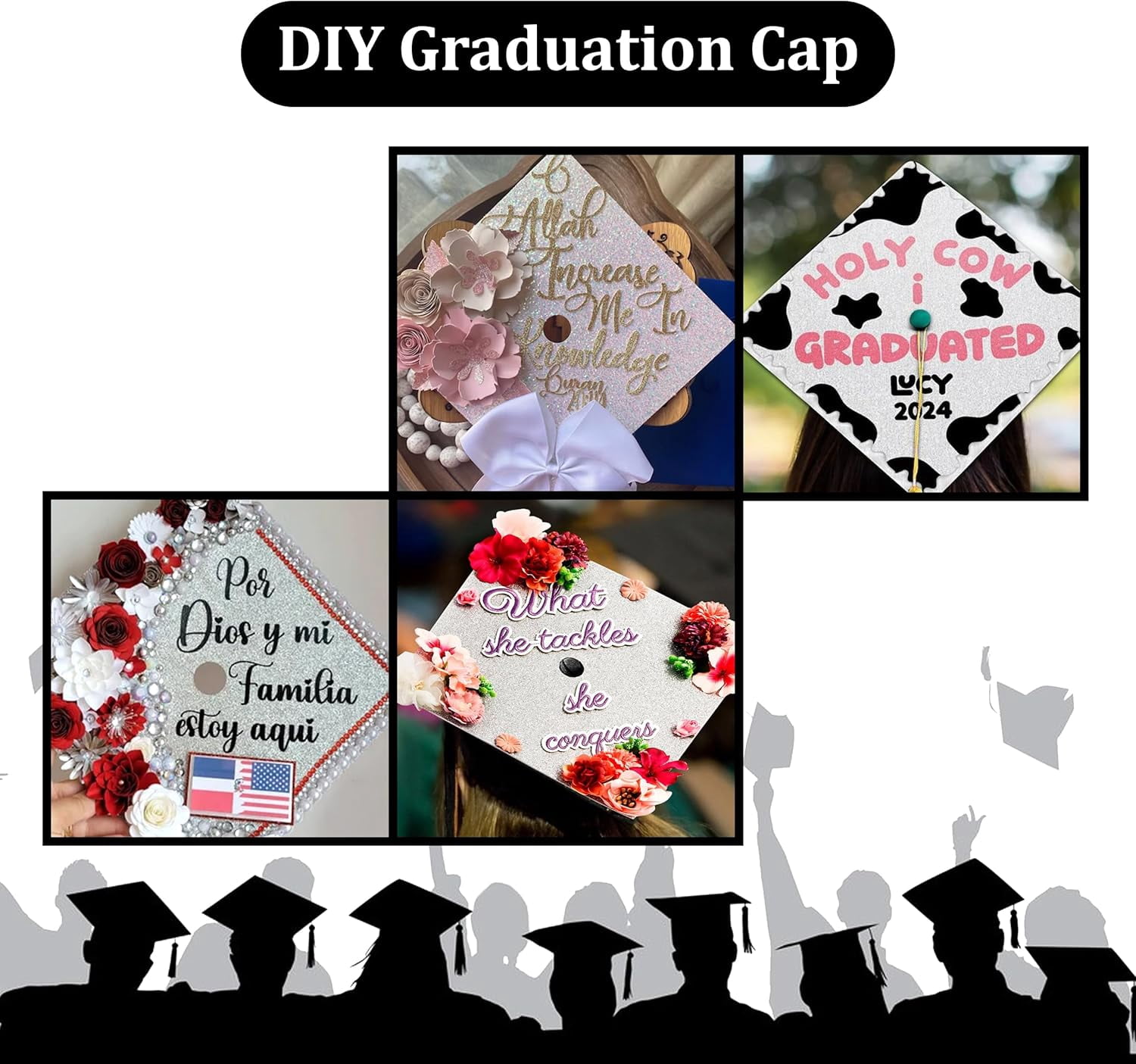 Gift Boutique 2 Pieces Graduation Cap Decorations White Glitter Background Grad Caps Topper Blank Base Graduate Hat Decoration Do It Yourself Crafts Party Supplies with 150 Adhesive Sticky Dots