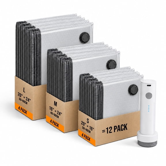 YOYTOO 12 Combo Vacuum Storage Bags with Electric Pump, Reusable Travel Vacuum Storage Bags for Clothes Compression, Space Saver Travel Essentials