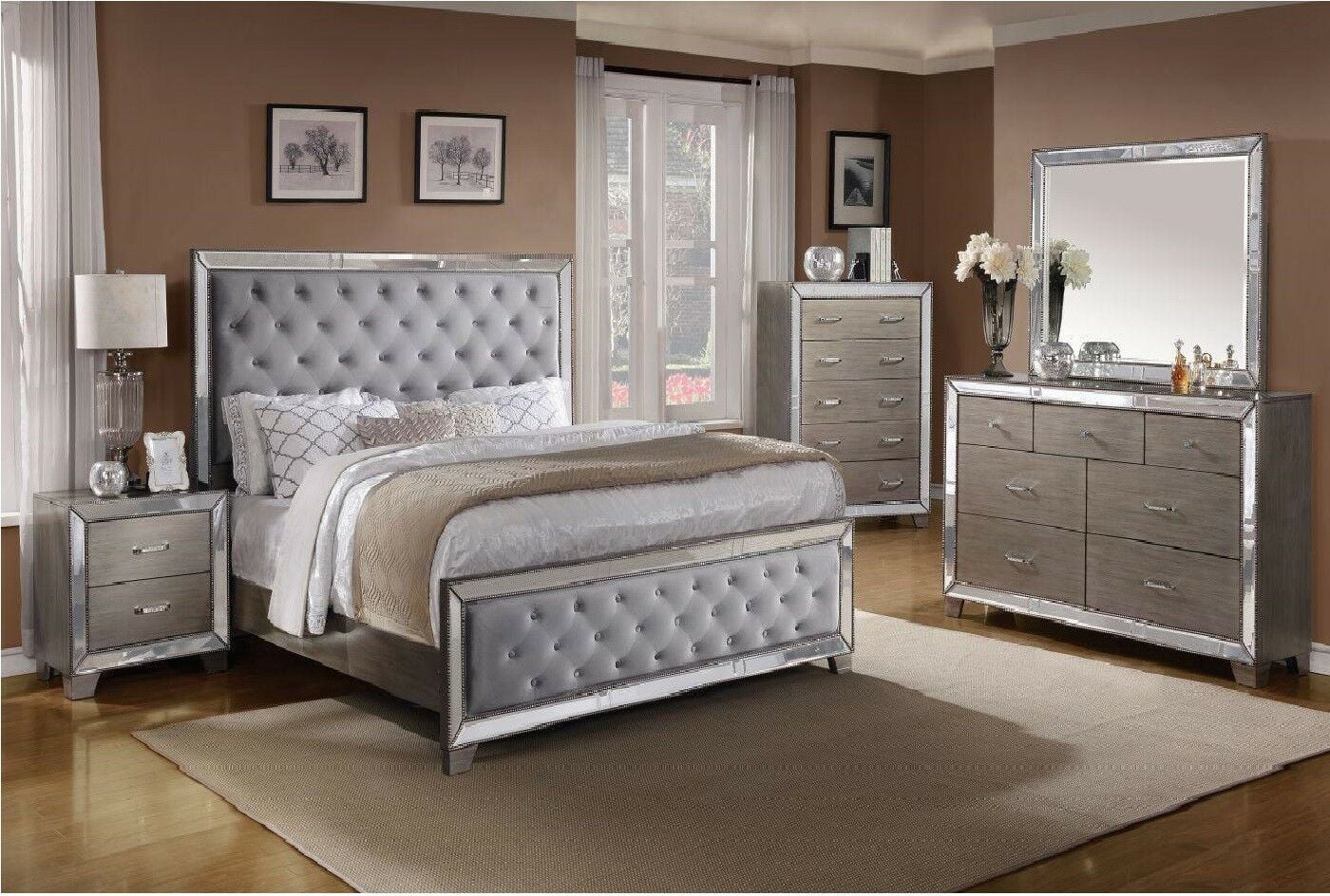 Contemporary Style King Size 4pcs Set Mirrored Accent Bedroom Bed ...