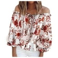 thumbnail image 2 of jsaierl Off the Shoulder Tops for Women Puff Sleeve Print Ruffle Blouse Long Sleeve Loose Fit Shirt Top Casual Dressy, 2 of 5