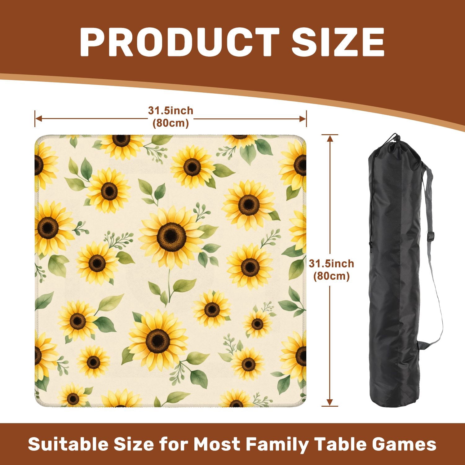 Mahjong Mat 31.5" x 31.5" Seamless Yellow Sunflowers Green Leaves Beige Non-Slip Noise Reduction American Mahjong Tiles Table Cover for Dominoes Poker Card Board Games Gift