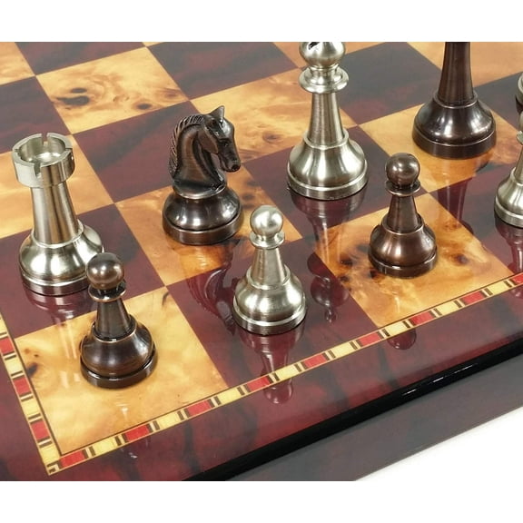 Brass Metal Bronze  Silver Classic Staunton Chess Set W/ 18" Cherry Color Board