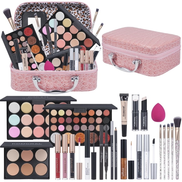 Kit de maquillaje profesional Kit de maquillaje para niñas Set de maquillaje para mujeres Paletas de sombra de ojos Colores de labios Juego de brochas de maquillaje Bolsa de maquillaje (rosa)