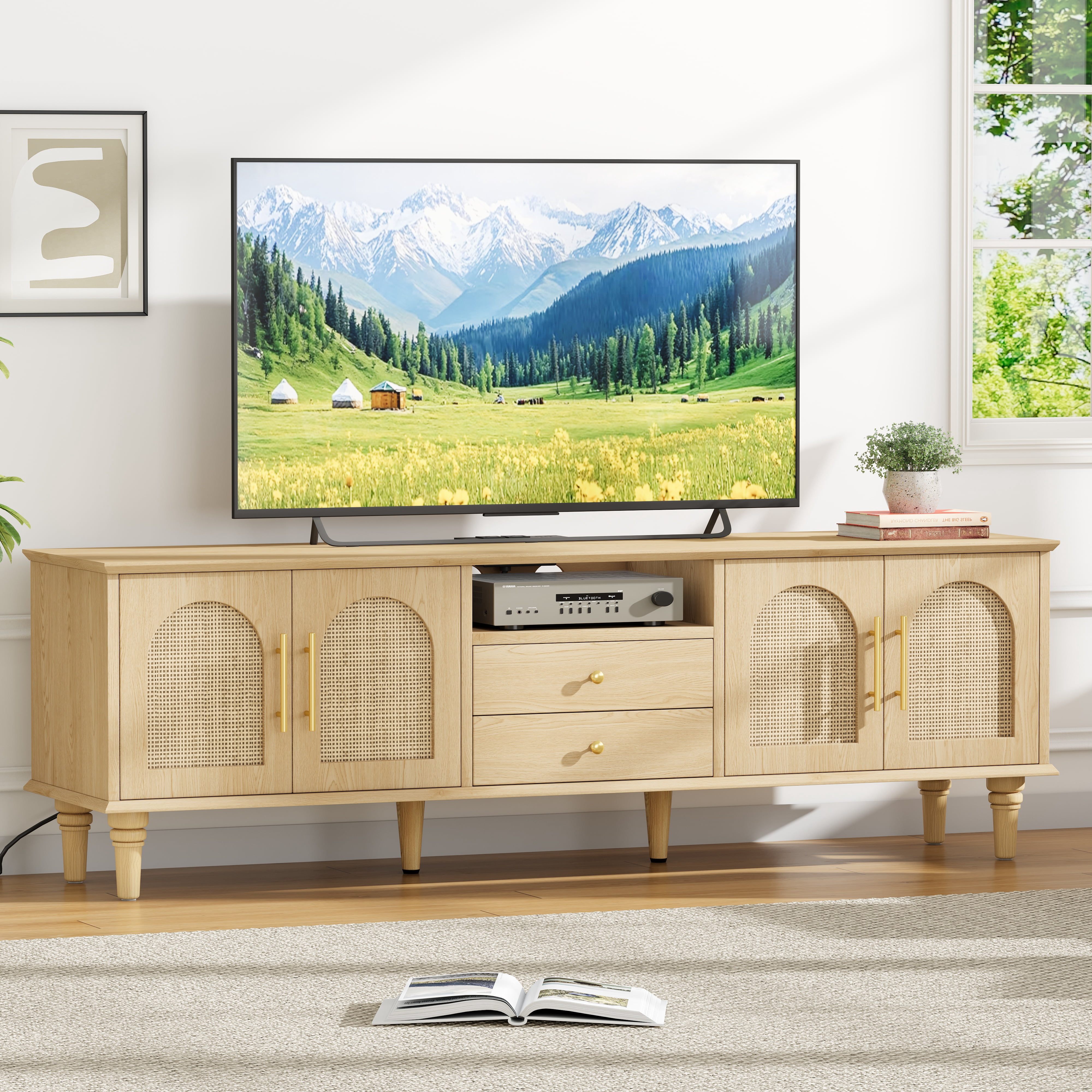 Rattan TV Stand for 75 inch TV, 63"W Entertainment Center with Power Outlet & Storage Cabinet, 2 Drawers & Doors, Adjustable Shelf, Modern Media TV Console Table for Living Room, Bedroom, Natural Oak