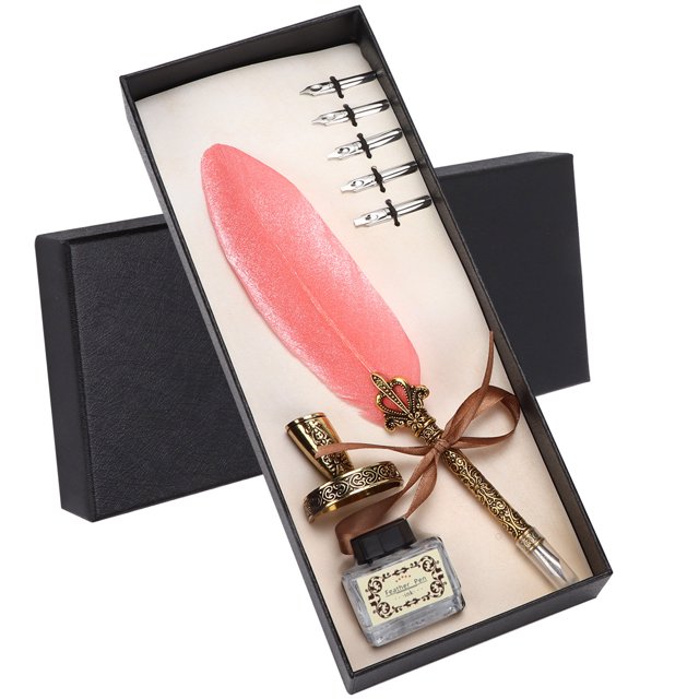 Calligraphy Pen Kit, Retro Decorative Quill Pen Set For Calligraphy Practicing For Writing White,Brown,Big Red,Pink