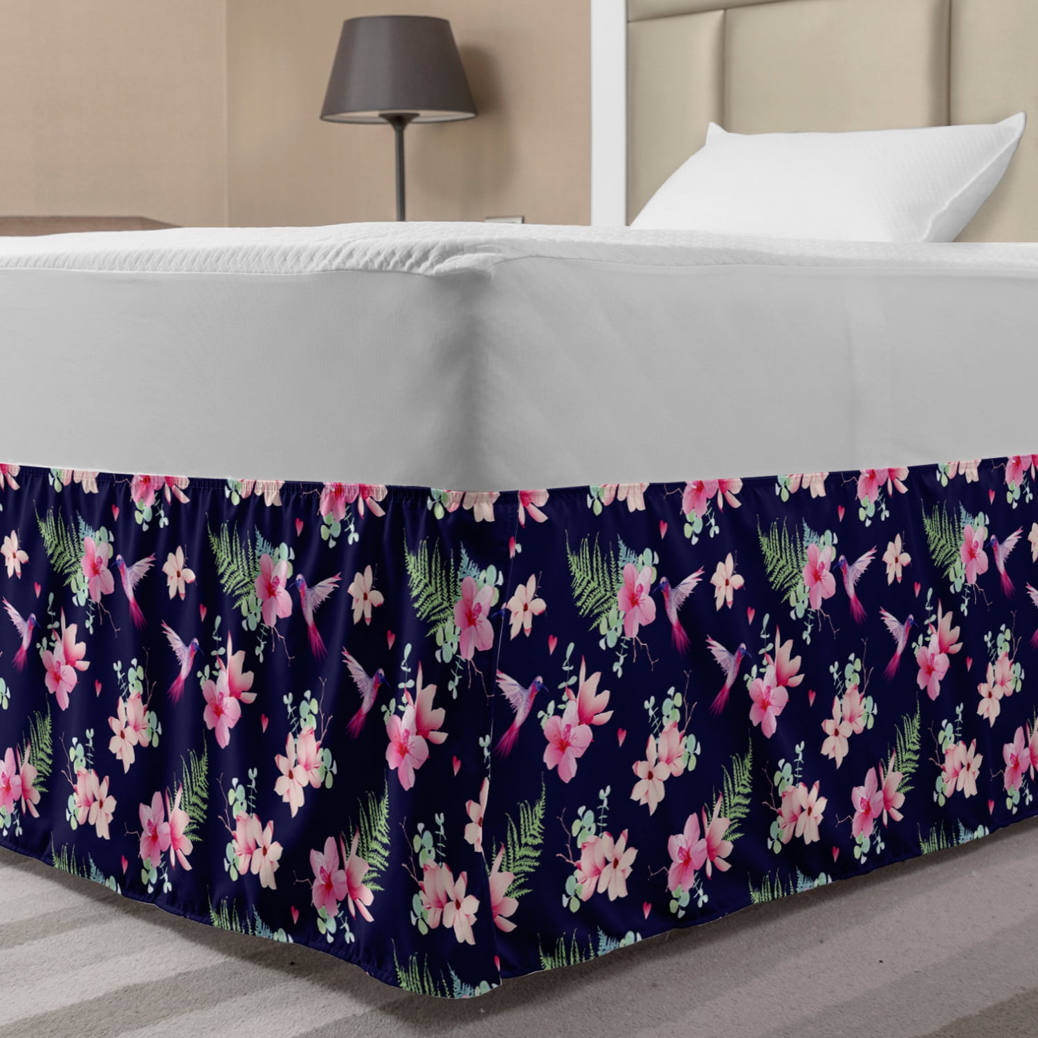 Navy and Blush Bed Skirt, Tropical Flower Bouquets and Flying