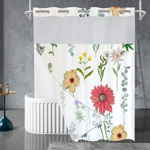 Zrodlmo No Hook Fabric Shower Curtain with Snap-in Liner, Modern Floral White Bathroom Curtain, 72" x 74", Red