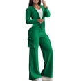 thumbnail image 3 of Women's 2 Piece Outfit Long Sleeve Button Down Cardigan, Loose Wide Leg Cargo Pants with Pockets, Tracksuit Set, Soft Polyester, Casual, Work, Travel, Lounge, Daily | TruBelle,Green M, 3 of 9