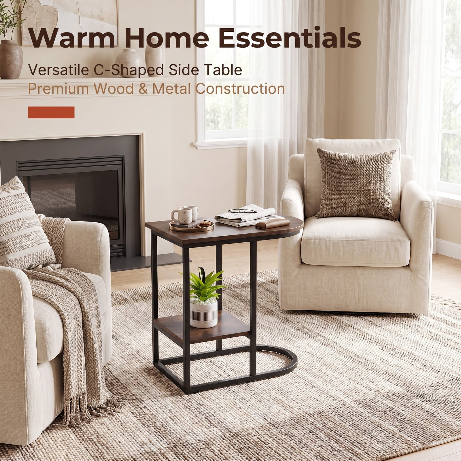 Furnibear C Shaped Modern Sofa Side Table with wood-grain finish Tabletop and Two Tier Storage Shelf for Living Room Bedroom and Lounge, Rustic Brown