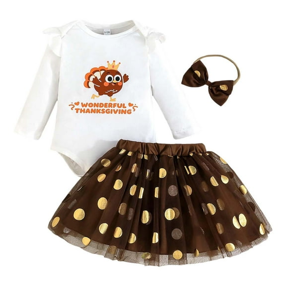CUZIBR Toddler Girls Outfit Thanksgiving Skirt Set Long Sleeve Cartoon Print Bodysuit Tutu Skirt Headband Three Piece Fall Winter Clothing For Girls,Brown,9-12 Months