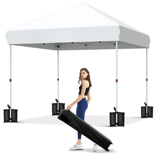 10x10 Pop Up Canopy - Easy Up Camping Tent with One Button Push Setup - 1 Roller Bag, 3 Adjustable Height, 4 Weight Bags for Deck, Garden, Sports, Beach, Party
