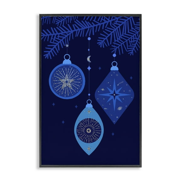Stupell Industries Blue Hanging Ornaments Holiday Painting Black Framed Art Print Wall Art, 12 x 18