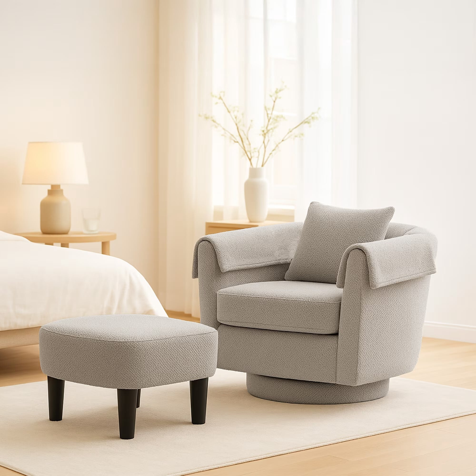 Avobird Living Room Chair With Ottoman Set, Chenille Barrel Armchair with Removable Back Pillow & 2 Armrest Covers, Gray