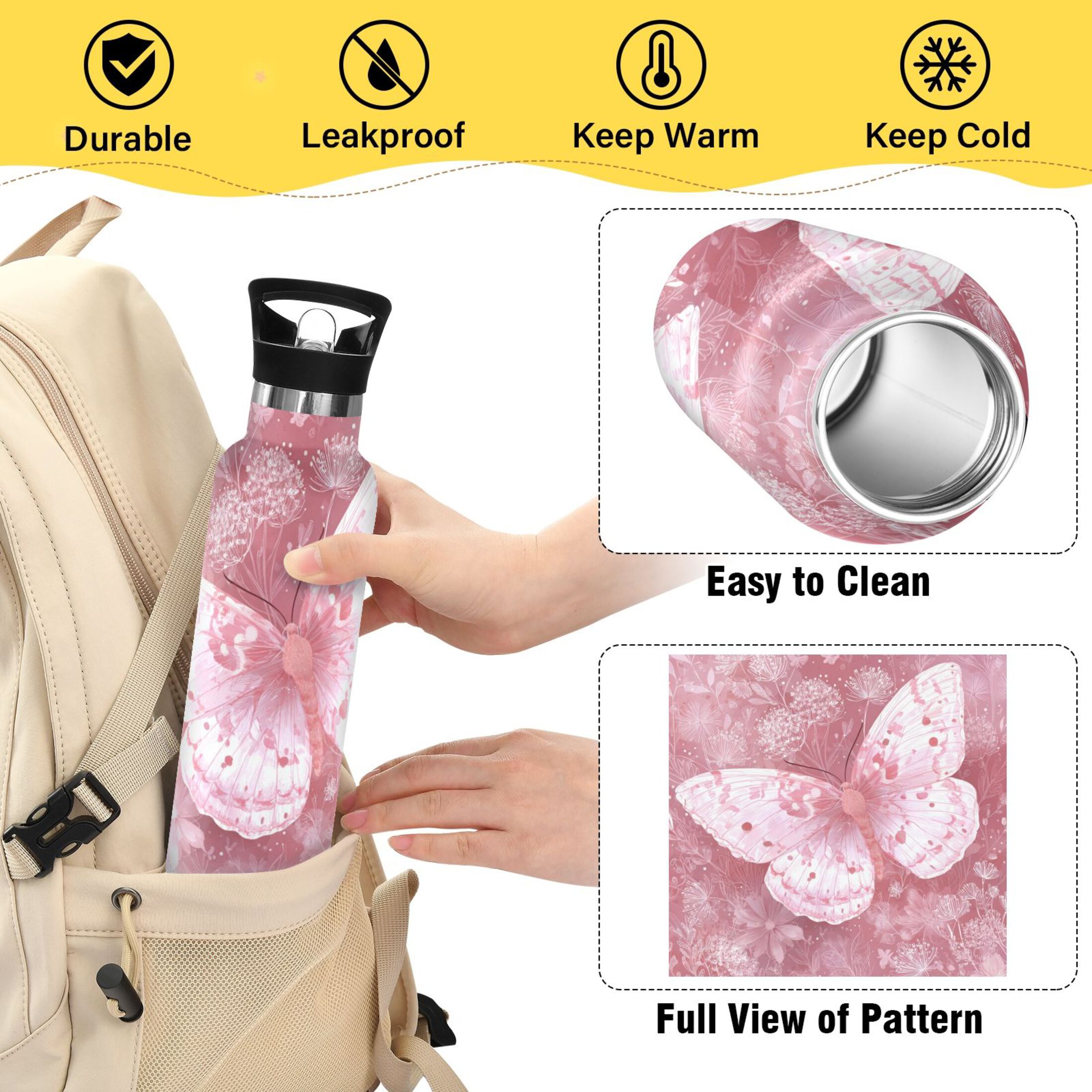 Kids Insulated Stainless Steel Sports Water Bottle 600ml (20oz) Soft Pink Butterfly