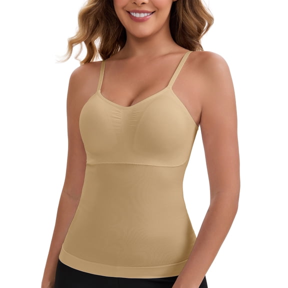 DARING DIVA Women's Long V-Neck Padded Camisole Seamless Slim Fit Tank 3XL Beige