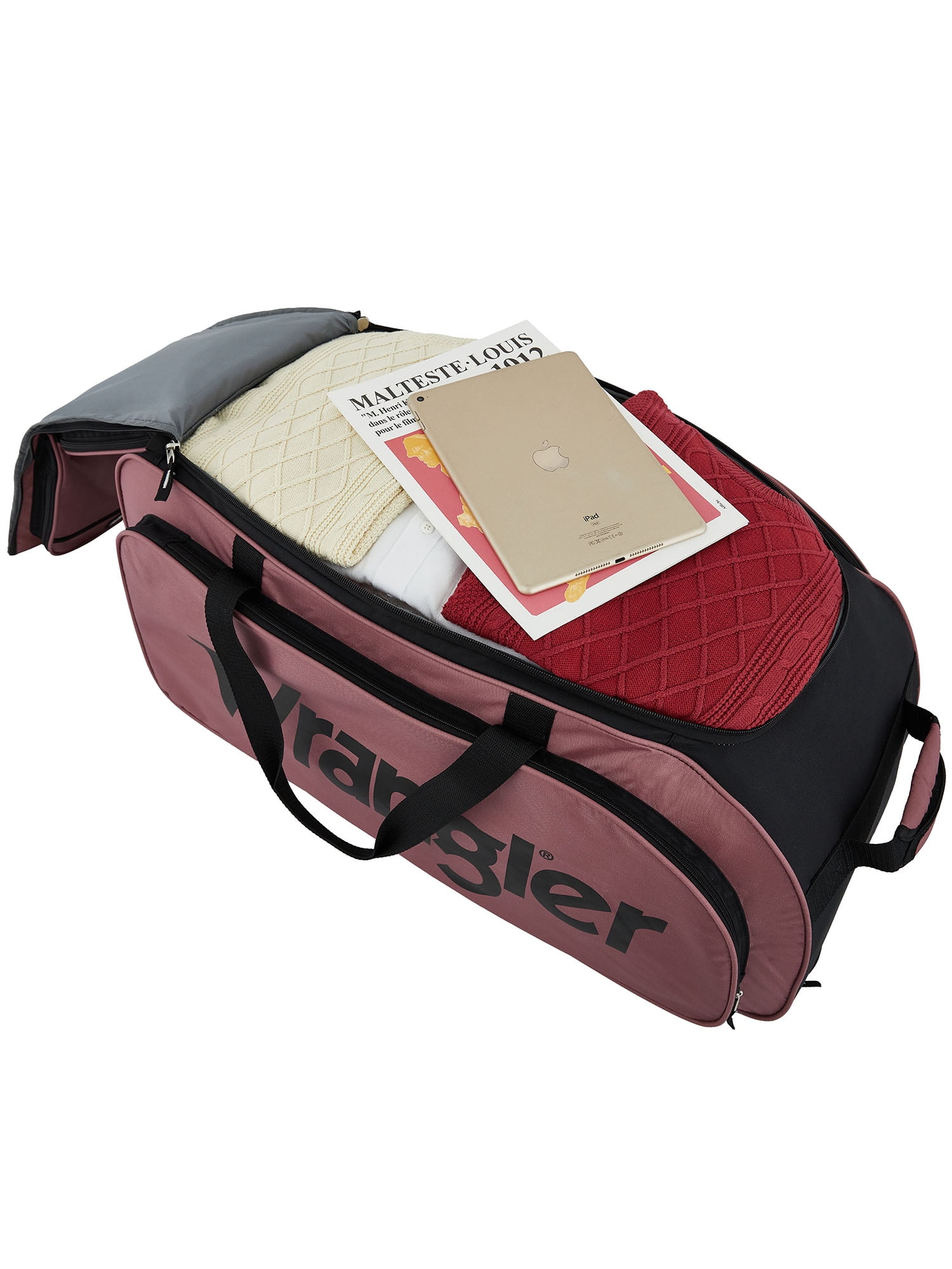 Wrangler 30-inch Large Checked Multi-Pocket Upright Rolling Duffel Bag for Travel, Dusty Rose