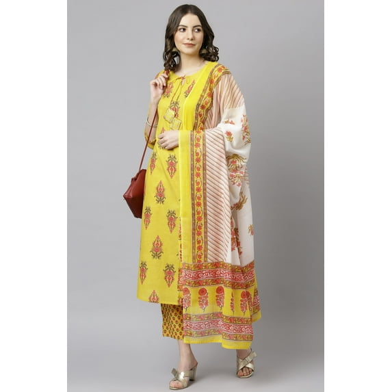 Janasya Indian Keyhole Neck 3/4 Sleeve Floral Print Yellow Cotton Kurta with Pant and Dupatta For Women