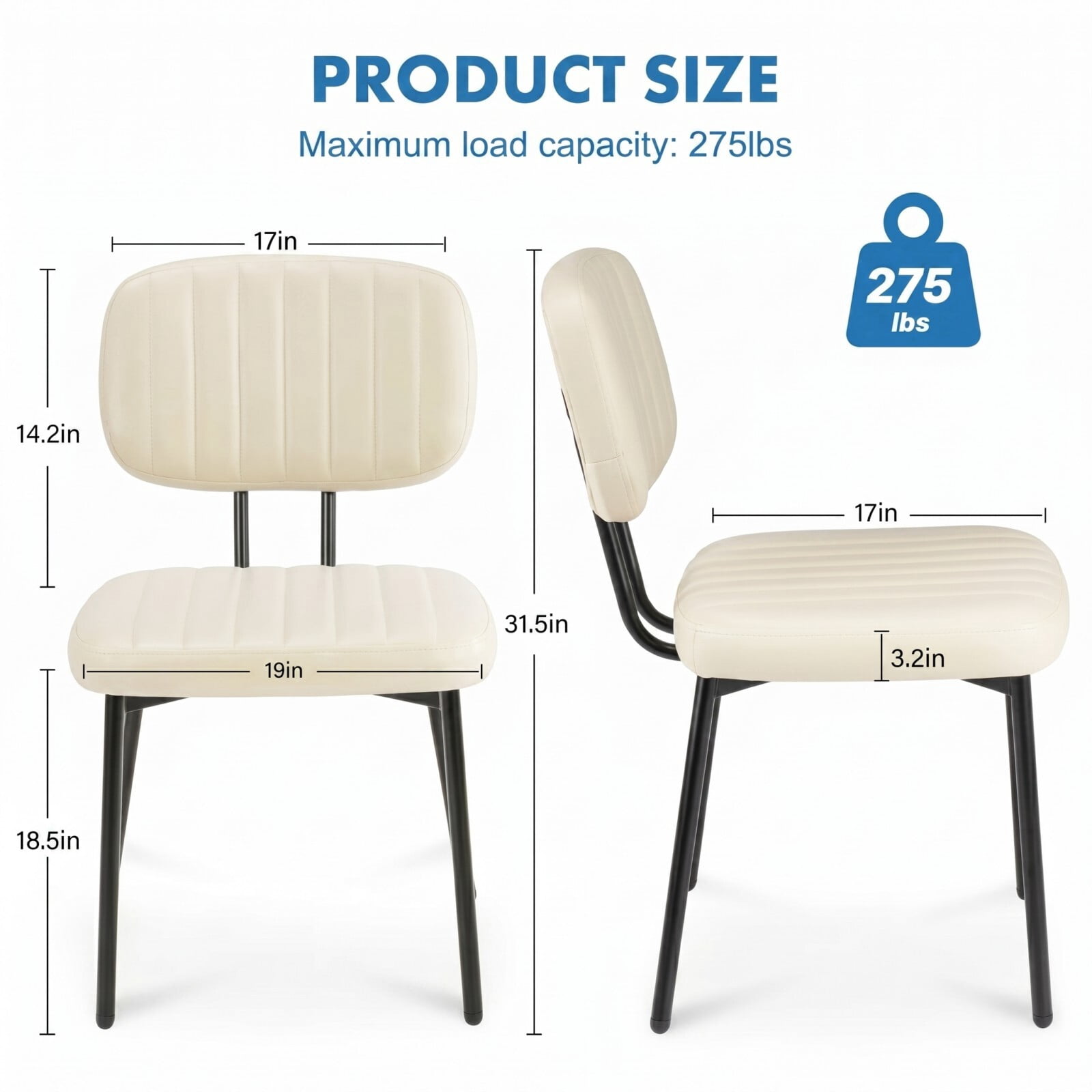 Kelno Upholstered Dining Chair Set of 2 Waterproof Faux Leather Kitchen Chairs with Ergonomic Back Support, Beige