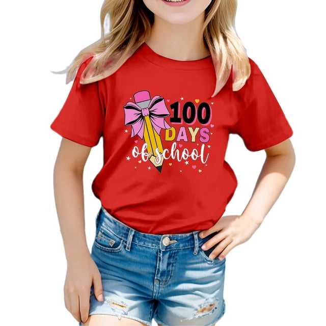 TZEWGL Tees For Girl Boy Solid Color Letter Printed Round Neck Short Sleeved Blouse For Toddlers size 8-9T