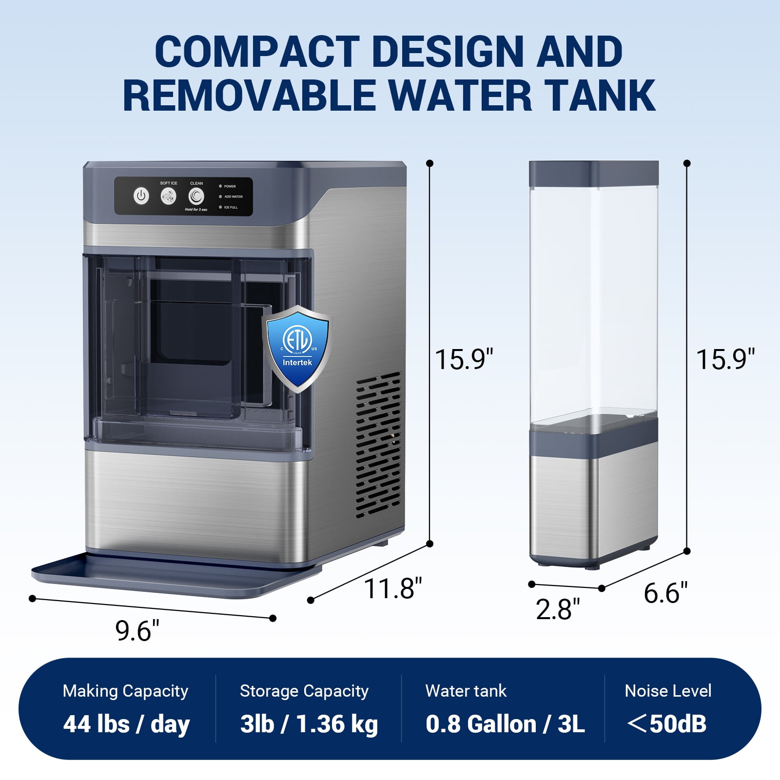 Snowyermine Nugget Ice Maker Countertop with 0.8Gal Built-in Water Tank, 44Lbs/24H, One-Touch Fast Ice in 6 Mins, Self-Cleaning & Ultra Quiet for Home/Office/Party