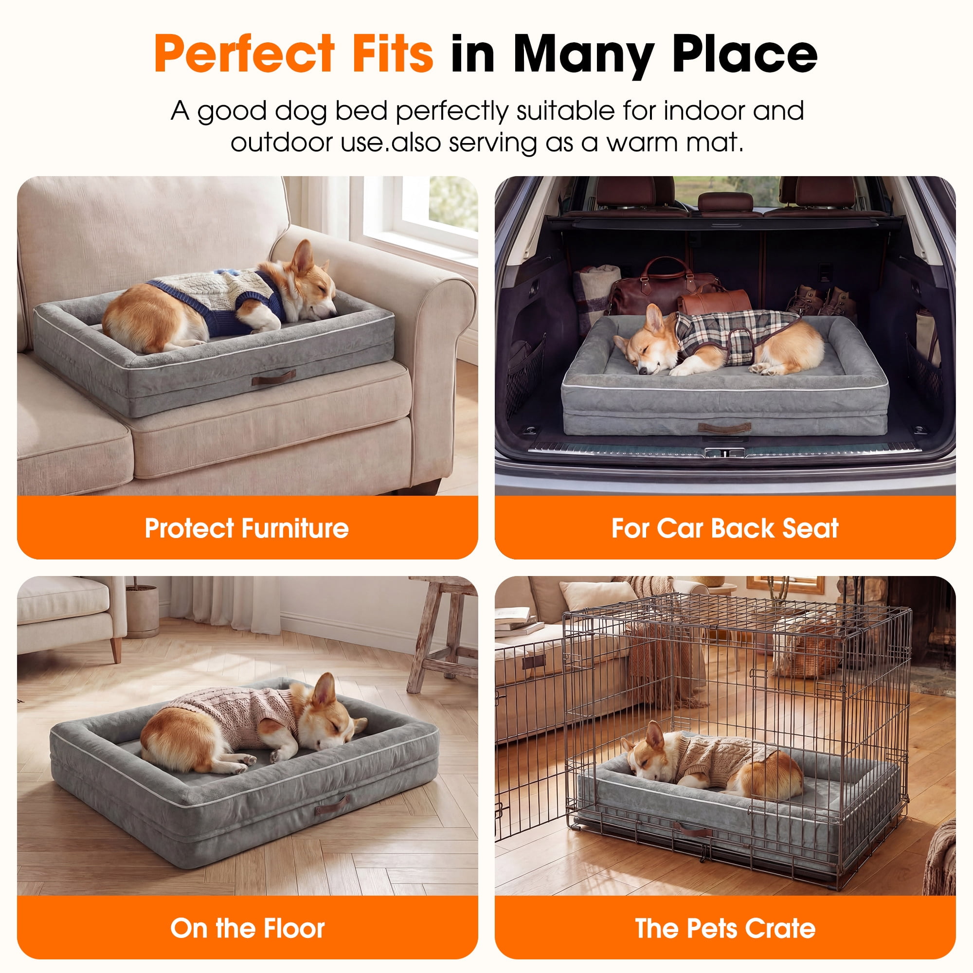 Orthopedic Dog Bed Large Waterproof Pet Sofa Bed Four-Sided Bolster Cushion Dog Couch with Removable Washable Cover,Gray