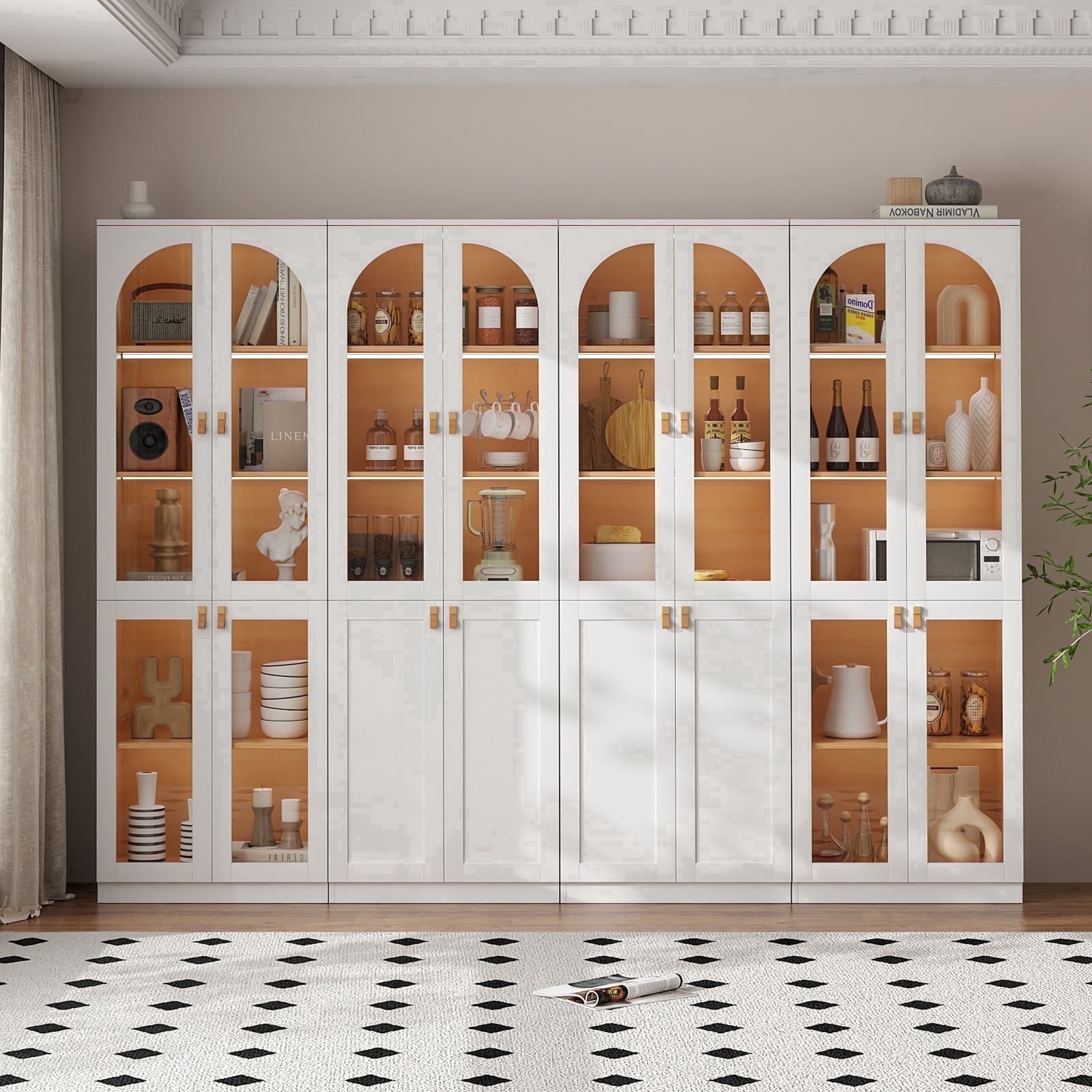 RichYa 4Pcs Tall Kitchen Pantry Cabinet with LED Light,Arched Glass Doors Curio Cabinet,5 Tier Display Cabinets for Dining Living Room,White(ABBA)