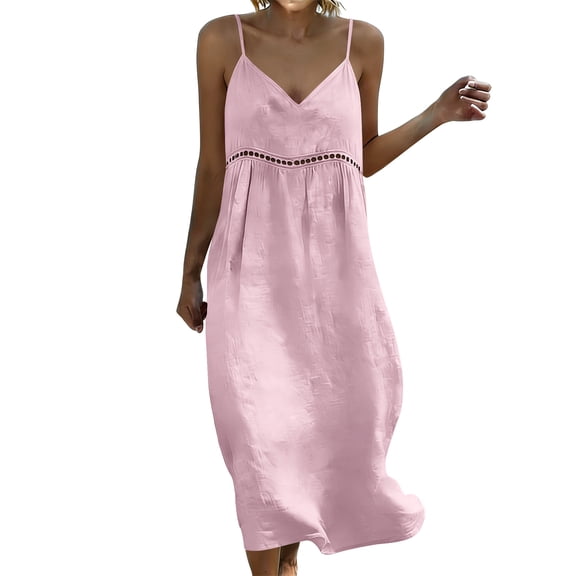 Dvprdro Cotton Linen V Neck Spaghetti Strap Maxi Dress for Women Loose Fit Tiered Ruffle Hem Summer Beach Solid