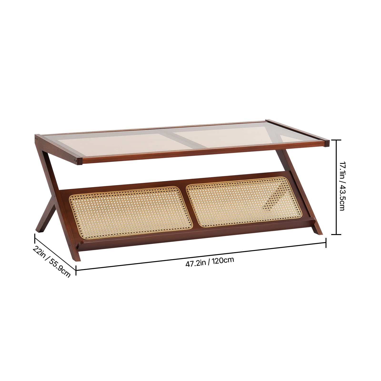 KFFKFF Wicker Coffee Table, Z-Form Wicker Weaved Bamboo Table with Hardened Glass Surface, 47” Contemporary Bohemian Storage Table with Authentic Bamboo Supports, for Lounge, Sleeping Quarters