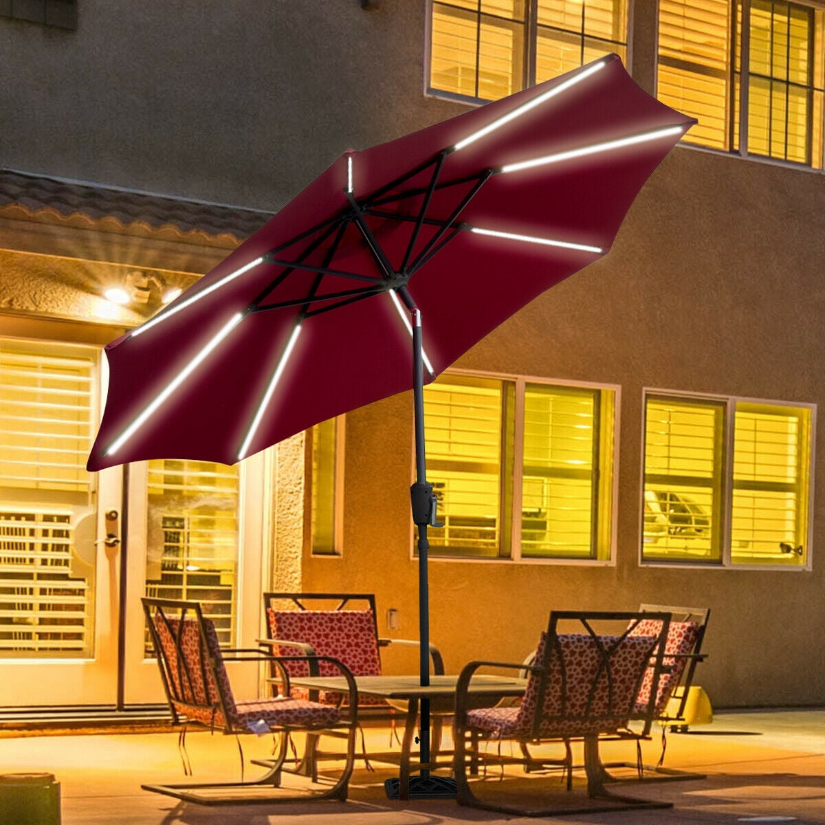 Gymax 9 Ft Patio Waterproof Solar Umbrella Led Light Tilt Red Walmart Canada